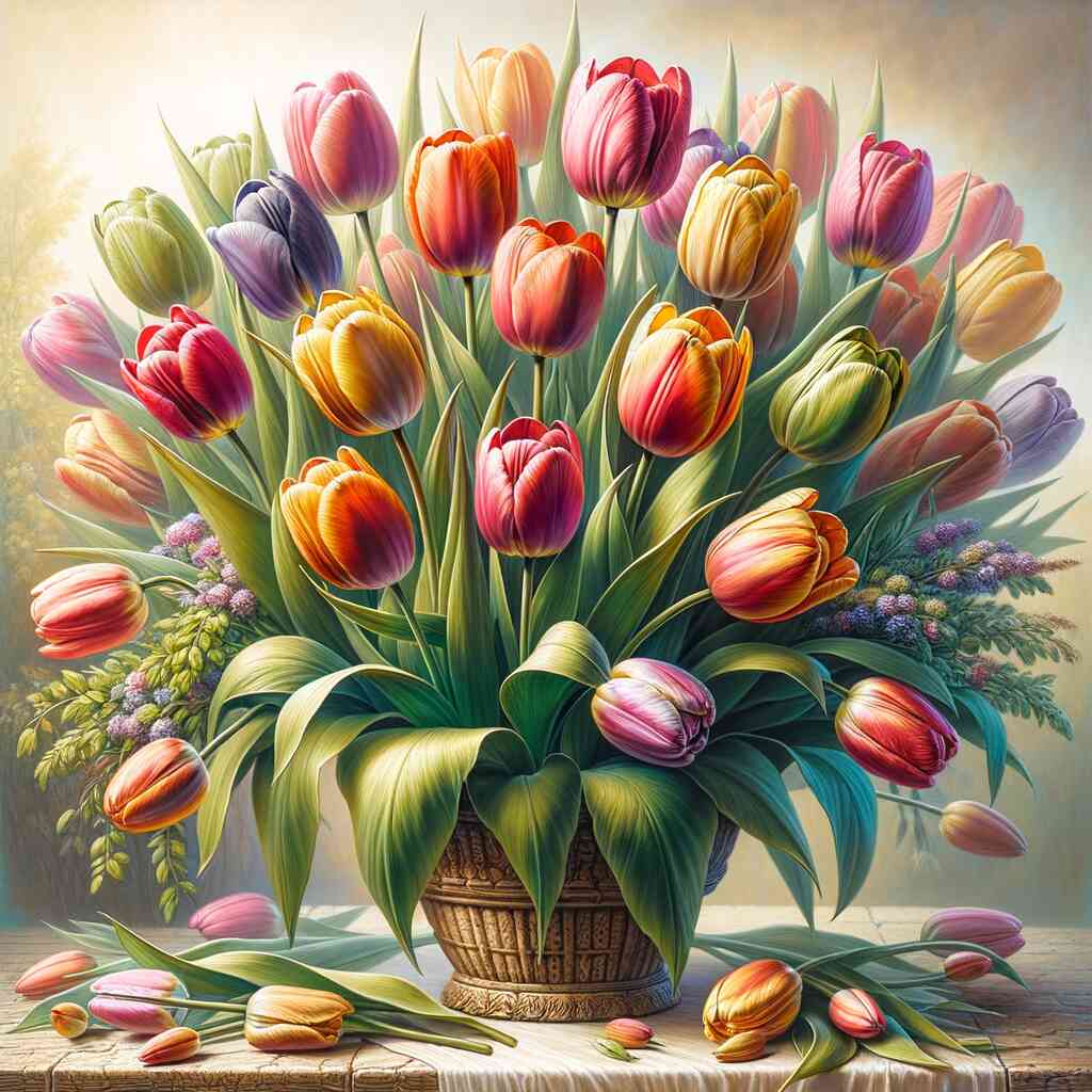 Paint by Numbers - Vibrant tulips in a woven basket radiating the warmth and elegance of a sunny spring day