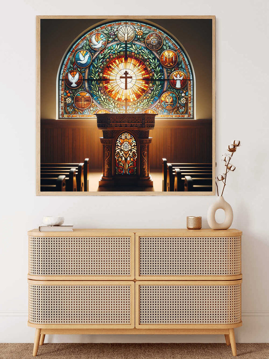 Stained glass artwork featuring religious symbols and a cross displayed above a wooden altar in a modern room setting with a chest of drawers