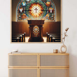 Stained glass artwork featuring religious symbols and a cross displayed above a wooden altar in a modern room setting with a chest of drawers