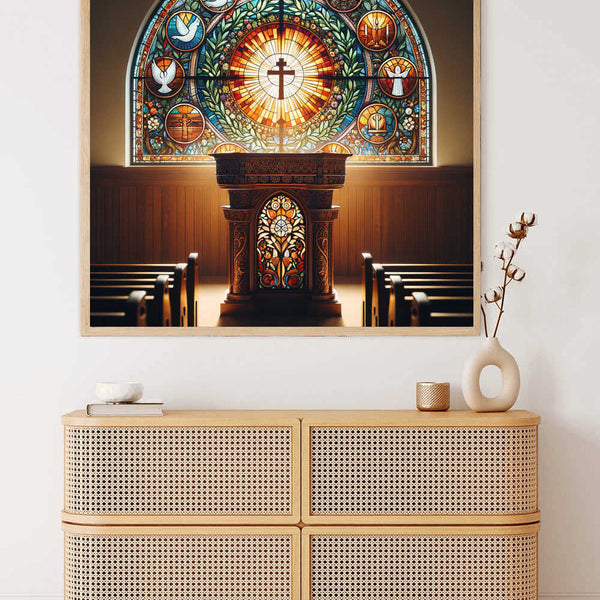 Stained glass artwork featuring religious symbols and a cross displayed above a wooden altar in a modern room setting with a chest of drawers
