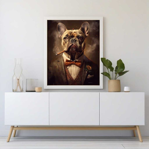 "Paint by Numbers - The Godfather of Paws" bulldog in suit, dramatic background, earth tones with fiery glow, displayed in modern room