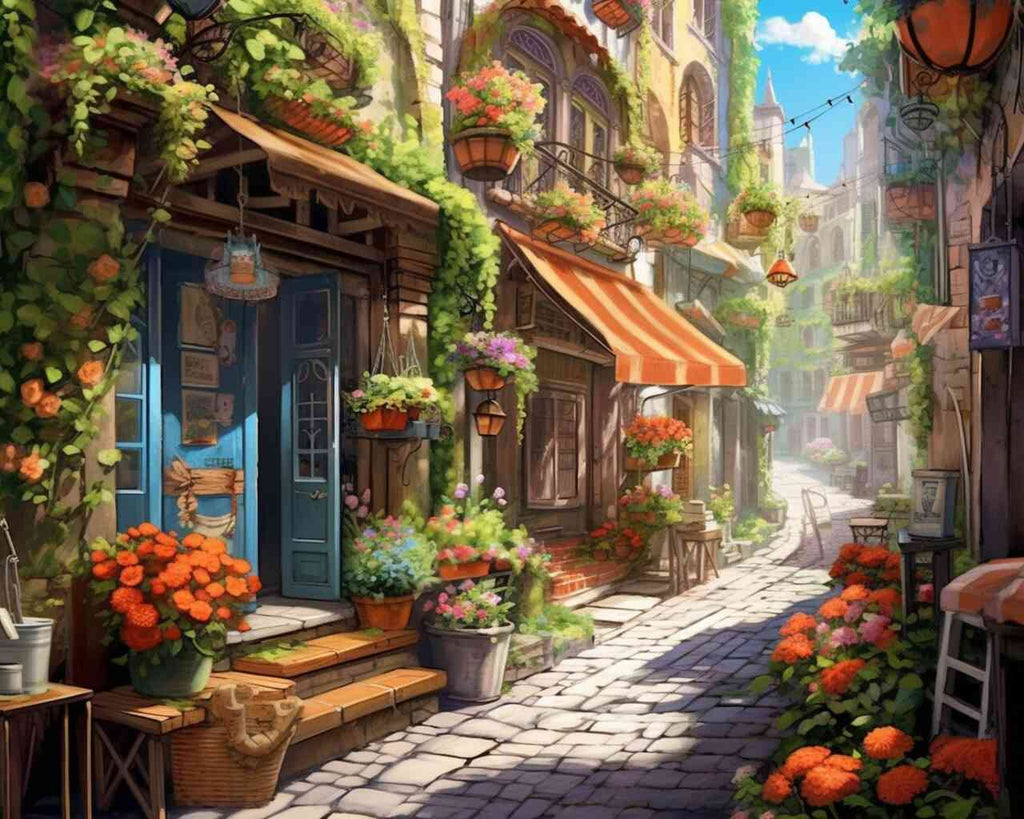 Paint by Numbers - Mediterranean Whispers: Sun-drenched village alley with warm orange tones, blooming flowers, and climbing plants