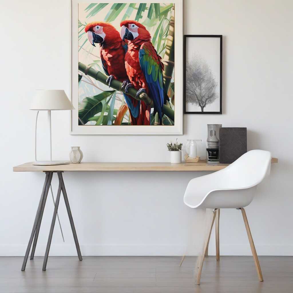 Vibrant Paint by Numbers artwork titled "Togetherness in Paradise" featuring colorful parrots in a tropical setting, displayed above a minimalist desk