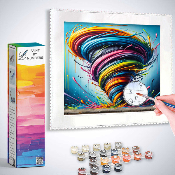 Paint by Numbers kit featuring Colour Whirlwind of Passion Banksy style artwork with vibrant colors and paint supplies.