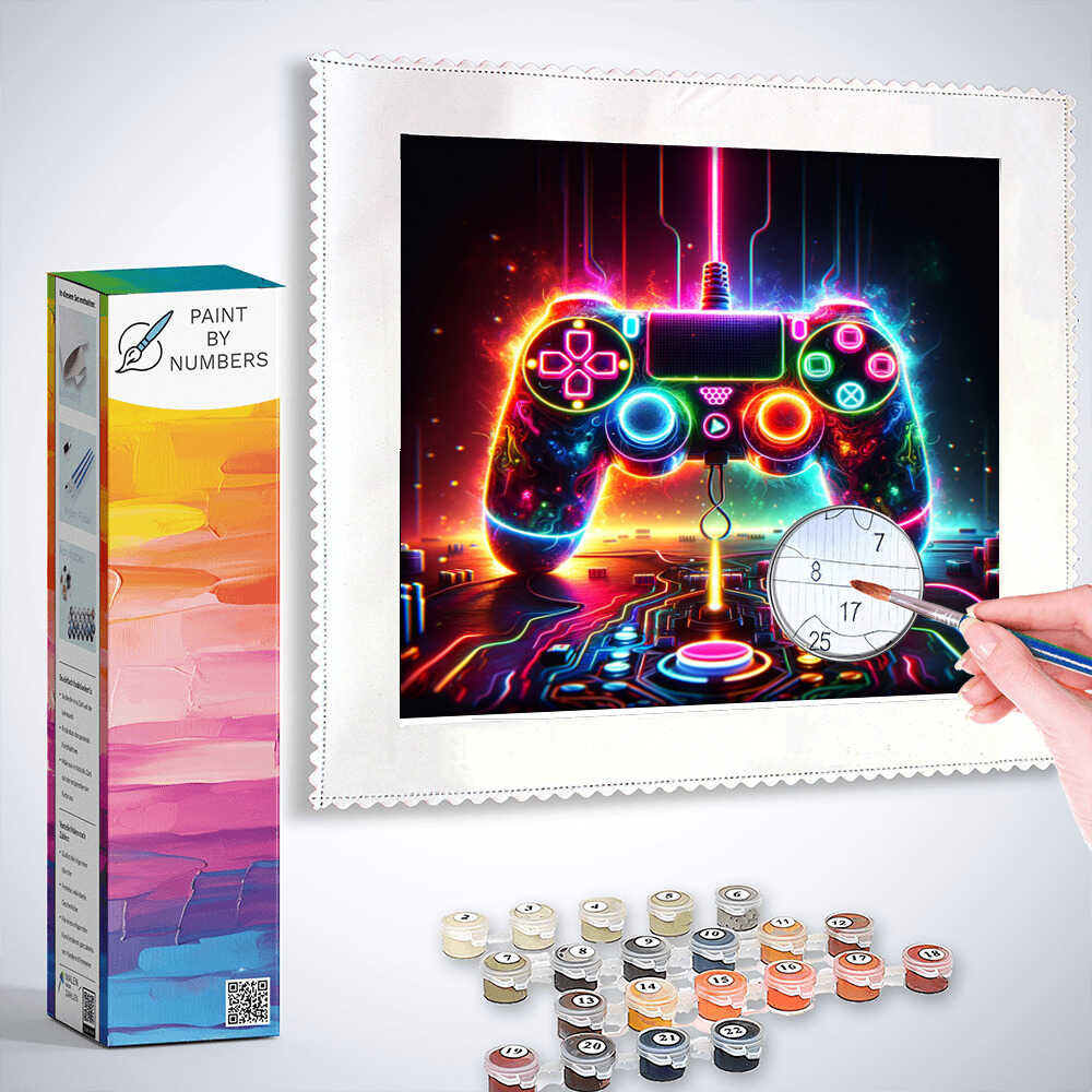 Paint by Numbers kit featuring a neon gaming controller artwork with vibrant electric colors.