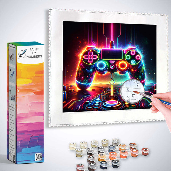 Paint by Numbers kit featuring a neon gaming controller artwork with vibrant electric colors.