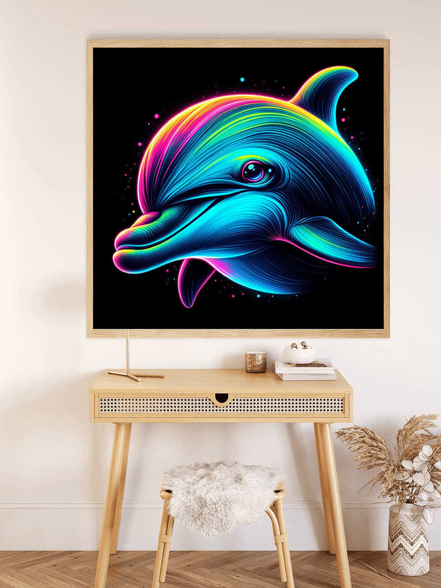 Paint by Numbers - Cosmic Dolphin Jump vibrant abstract artwork showcasing a dynamic dolphin with shimmering colors in a modern style.