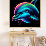 Paint by Numbers - Cosmic Dolphin Jump vibrant abstract artwork showcasing a dynamic dolphin with shimmering colors in a modern style.