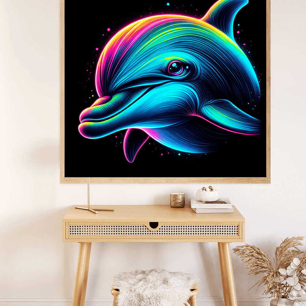 Paint by Numbers - Cosmic Dolphin Jump vibrant abstract artwork showcasing a dynamic dolphin with shimmering colors in a modern style.