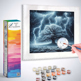 Paint by Numbers kit - Thunderstorms of Eternity featuring electric lightning around a majestic tree in a stormy cobalt blue sky.