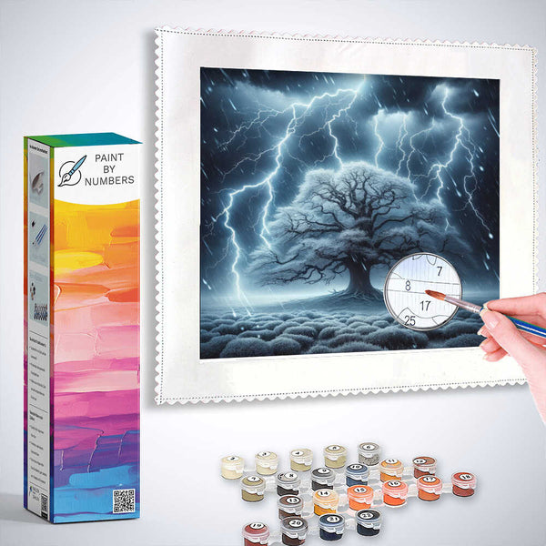 Paint by Numbers kit - Thunderstorms of Eternity featuring electric lightning around a majestic tree in a stormy cobalt blue sky.