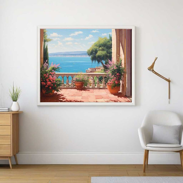 Paint by Numbers - Mediterranean Whispers featuring a stone terrace with pastel flowerpots overlooking an azure sea and sailing boats.