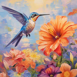 Paint by Numbers hummingbird hovering over colorful flowers in an impressionist style, showcasing a sky dance of colors at dusk.