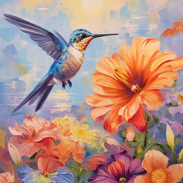 Paint by Numbers hummingbird hovering over colorful flowers in an impressionist style, showcasing a sky dance of colors at dusk.
