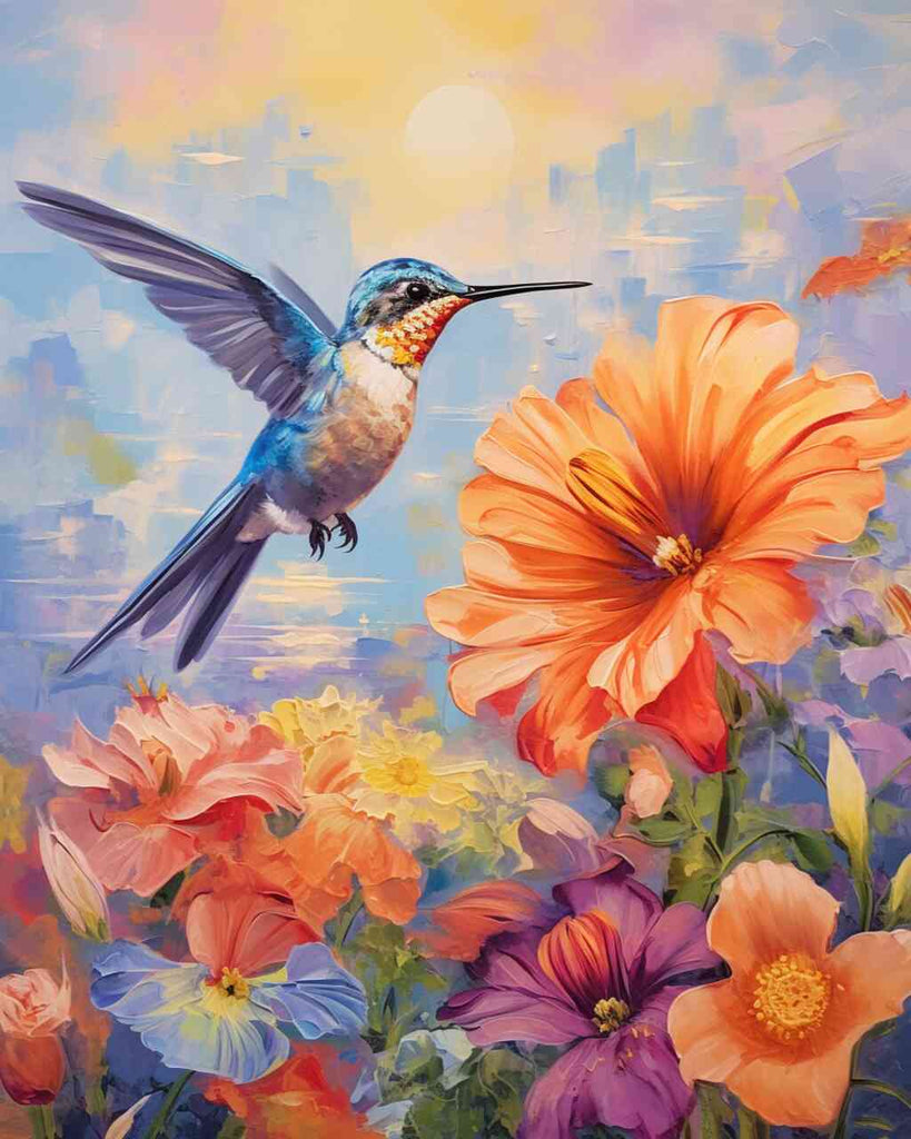 Paint by Numbers hummingbird hovering over colorful flowers in an impressionist style, showcasing a sky dance of colors at dusk.