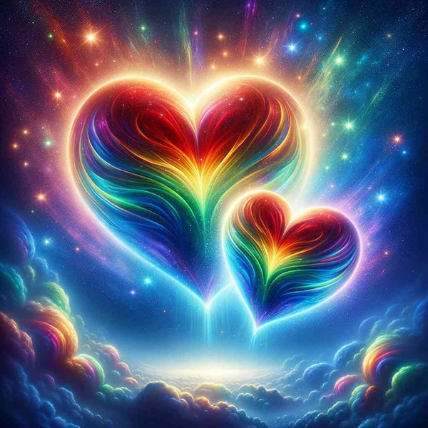 Paint by Numbers - Cosmic Heart Melody with two rainbow-colored hearts floating in a starry, cosmic space above soft clouds