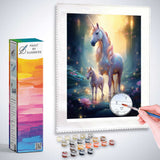 Paint by Numbers kit featuring a magical forest with two unicorns glowing majestically amid shimmering light and colorful flowers.