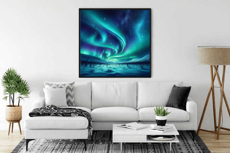 "Paint by Numbers - Northern Lights Wonderland: Illuminating the wintry landscape with mystical turquoise and green hues in a modernist style"