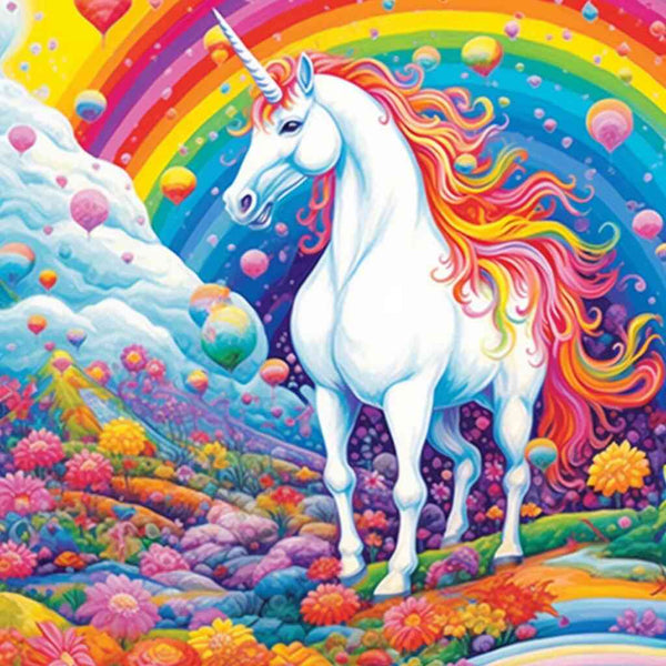 Paint by Numbers fantasy artwork featuring a majestic unicorn with a rainbow mane standing in a flower-filled wonderland with vibrant colors.