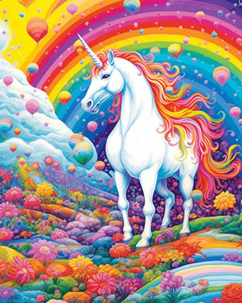 Paint by Numbers fantasy artwork featuring a majestic unicorn with a rainbow mane standing in a flower-filled wonderland with vibrant colors.
