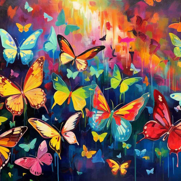 Paint by Numbers - Butterfly Symphony featuring vibrant butterflies in red, yellow, and blue hues, creating a dynamic and colorful artwork.