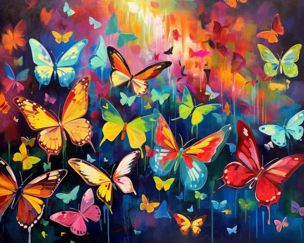 Paint by Numbers - Butterfly Symphony featuring vibrant butterflies in red, yellow, and blue hues, creating a dynamic and colorful artwork.