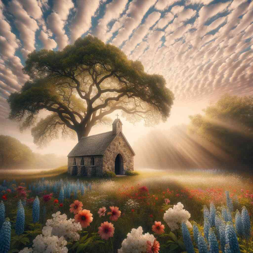 Paint by Numbers - Lights of Silence, scene with a small chapel under a large tree, surrounded by flowers and bathed in golden sunlight.