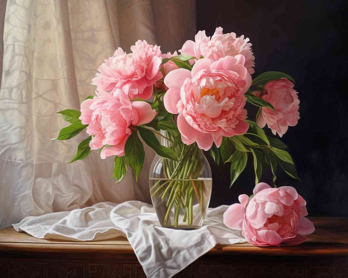 Paint by Numbers - Delicate Elegance featuring lush pink peonies in a glass vase against a dark background, showcasing realistic still life art.
