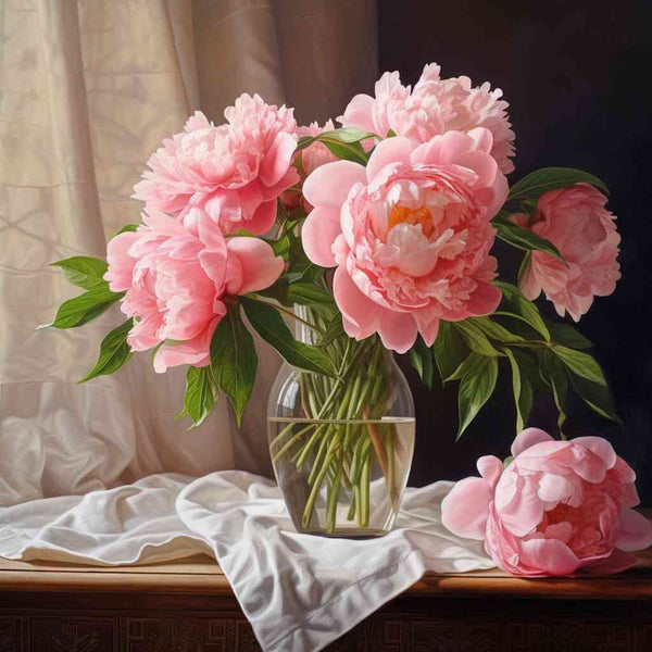 Paint by Numbers - Delicate Elegance featuring lush pink peonies in a glass vase against a dark background, showcasing realistic still life art.