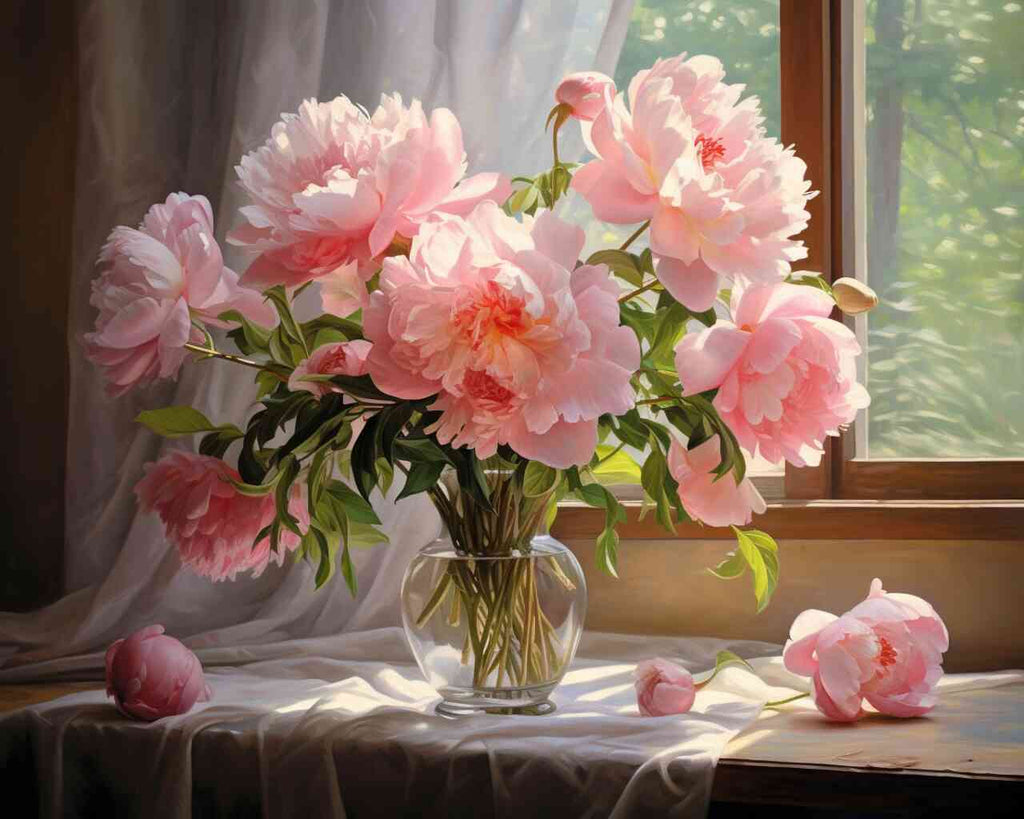 Paint by Numbers - Morning Light and Peonies in Glass Vase by Sunlit Window