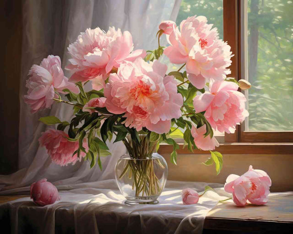 Paint by Numbers - Morning Light and Peonies in Glass Vase by Sunlit Window