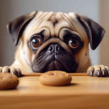 Paint by Numbers - Temptation in brown: Pug with pleading eyes looking at two biscuits on a table.