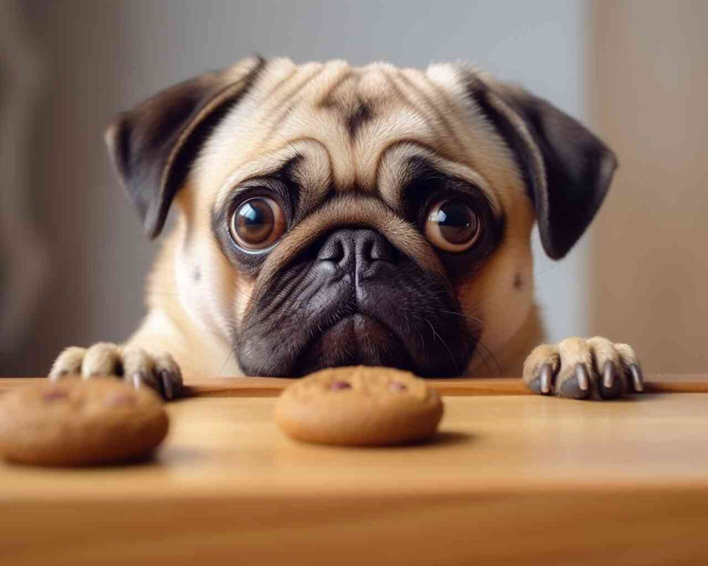 Paint by Numbers - Temptation in brown: Pug with pleading eyes looking at two biscuits on a table.