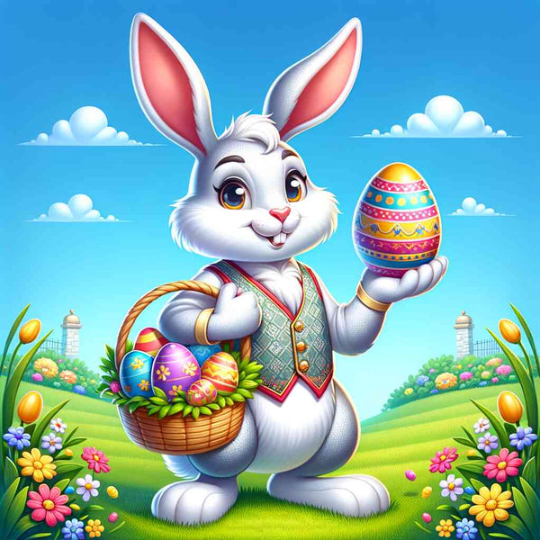 Paint by Numbers "Spring Wonders" featuring a cheerful Easter bunny holding a painted egg in a vibrant spring meadow.