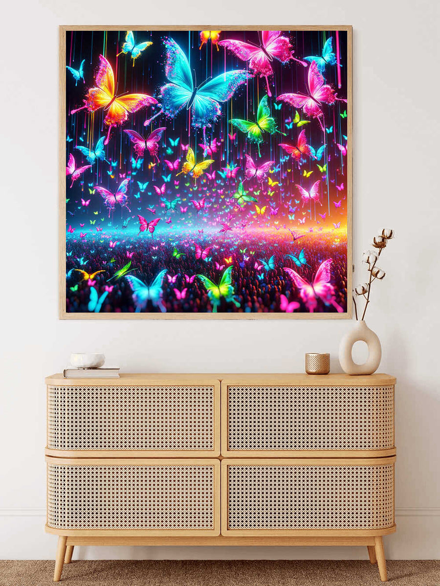Paint by Numbers - Glowing Butterfly Dance artwork with vibrant rainbow butterflies in magical lights, creating a dreamy, high-contrast fantasy scene.
