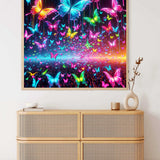 Paint by Numbers - Glowing Butterfly Dance artwork with vibrant rainbow butterflies in magical lights, creating a dreamy, high-contrast fantasy scene.