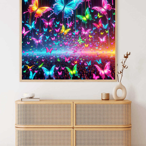 Paint by Numbers - Glowing Butterfly Dance artwork with vibrant rainbow butterflies in magical lights, creating a dreamy, high-contrast fantasy scene.