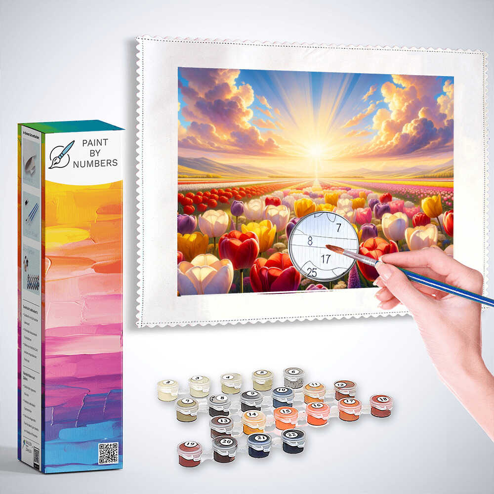 Paint by Numbers - Bright Morning kit featuring a hand painting a sunrise over tulip fields in vibrant colors with included paint supplies and box.