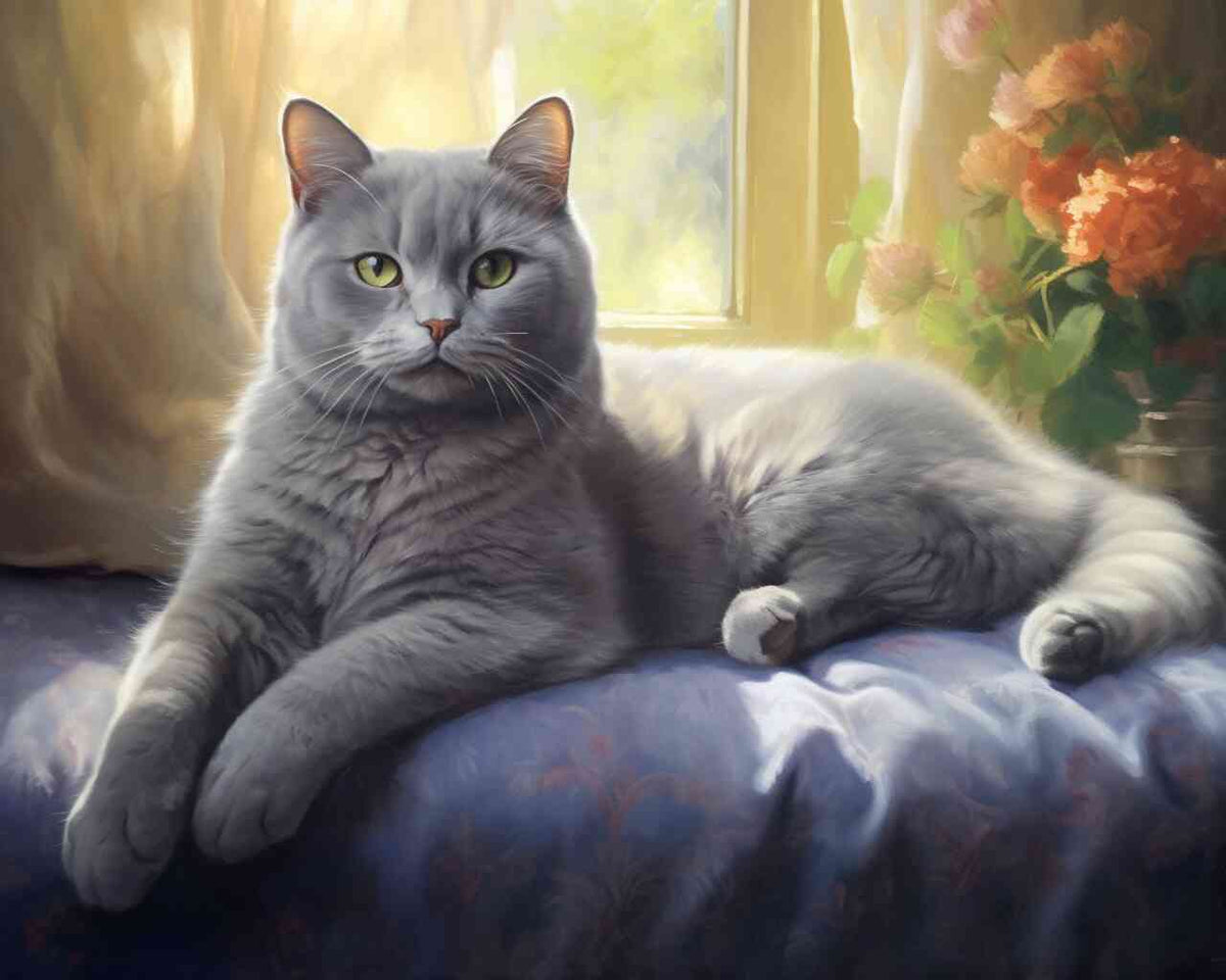 Paint by Numbers - Grey kitten on blue velvet cushion bathed in sunlight with golden curtains and blooming orange flowers.