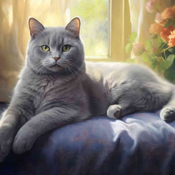 Paint by Numbers - Grey kitten on blue velvet cushion bathed in sunlight with golden curtains and blooming orange flowers.
