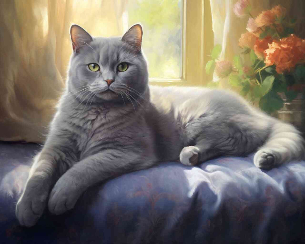 Paint by Numbers - Grey kitten on blue velvet cushion bathed in sunlight with golden curtains and blooming orange flowers.