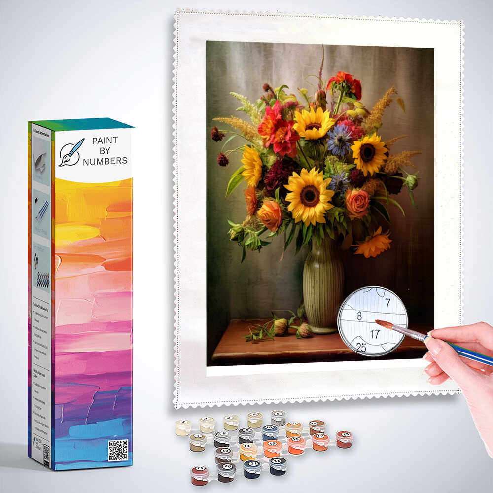 Paint by Numbers kit featuring a vibrant still life with sunflowers and colorful flowers in a vase, surrounded by paint pots and brush.