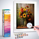Paint by Numbers kit featuring a vibrant still life with sunflowers and colorful flowers in a vase, surrounded by paint pots and brush.