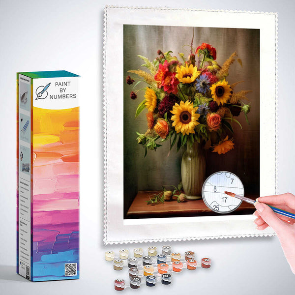 Paint by Numbers kit featuring a vibrant still life with sunflowers and colorful flowers in a vase, surrounded by paint pots and brush.