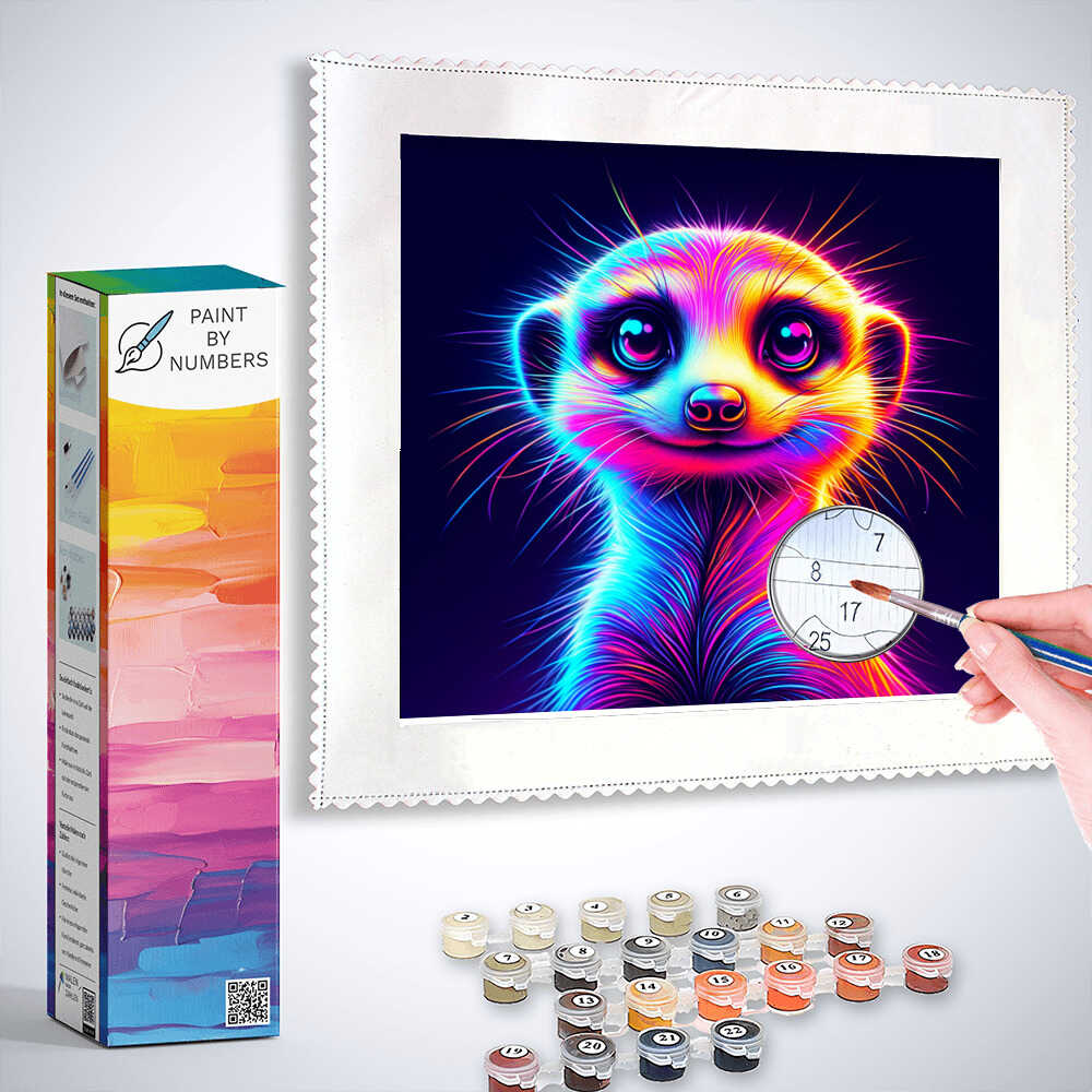 Paint by Numbers kit featuring a colorful neon meerkat with a glowing aura, perfect for adding joy and wonder to any space.