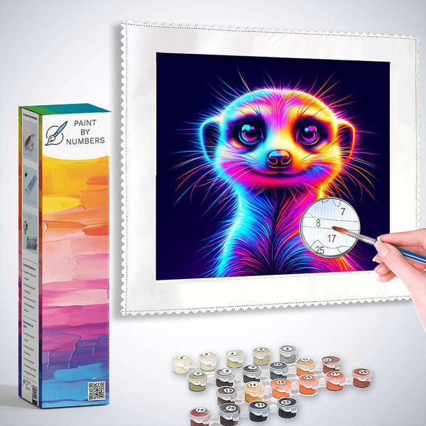 Paint by Numbers kit featuring a colorful neon meerkat with a glowing aura, perfect for adding joy and wonder to any space.