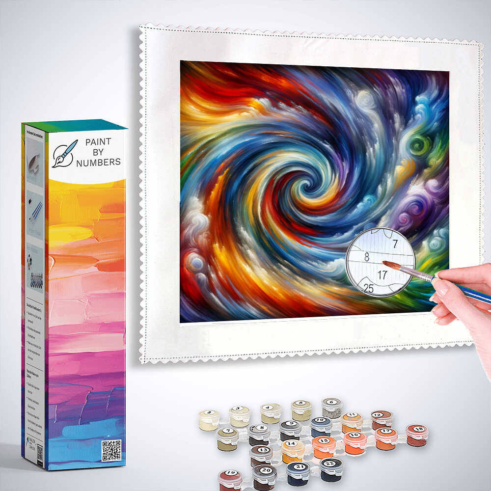 Paint by Numbers kit featuring a vibrant swirling abstract artwork with warm reds, soft blues, and vibrant yellows, evoking dynamic emotions.