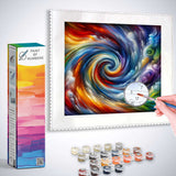 Paint by Numbers kit featuring a vibrant swirling abstract artwork with warm reds, soft blues, and vibrant yellows, evoking dynamic emotions.