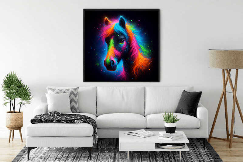 Paint by Numbers - Cosmic Color Play featuring neon-colored horse against a starry universe, displayed in modern living room.
