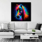 Paint by Numbers - Cosmic Color Play featuring neon-colored horse against a starry universe, displayed in modern living room.